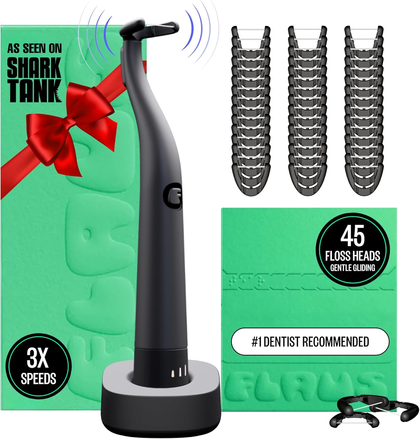 FLAUS Electric Flosser (Oprah's List, Shark Tank) 3 Speeds + 45 Refill Heads (Gentle Gliding Floss for Sensitive Gums) Water Flosser Alternative, Dentist Recommended Tooth Flossers Dental Floss Picks Electric Flosser Kit Gentle Gliding Floss