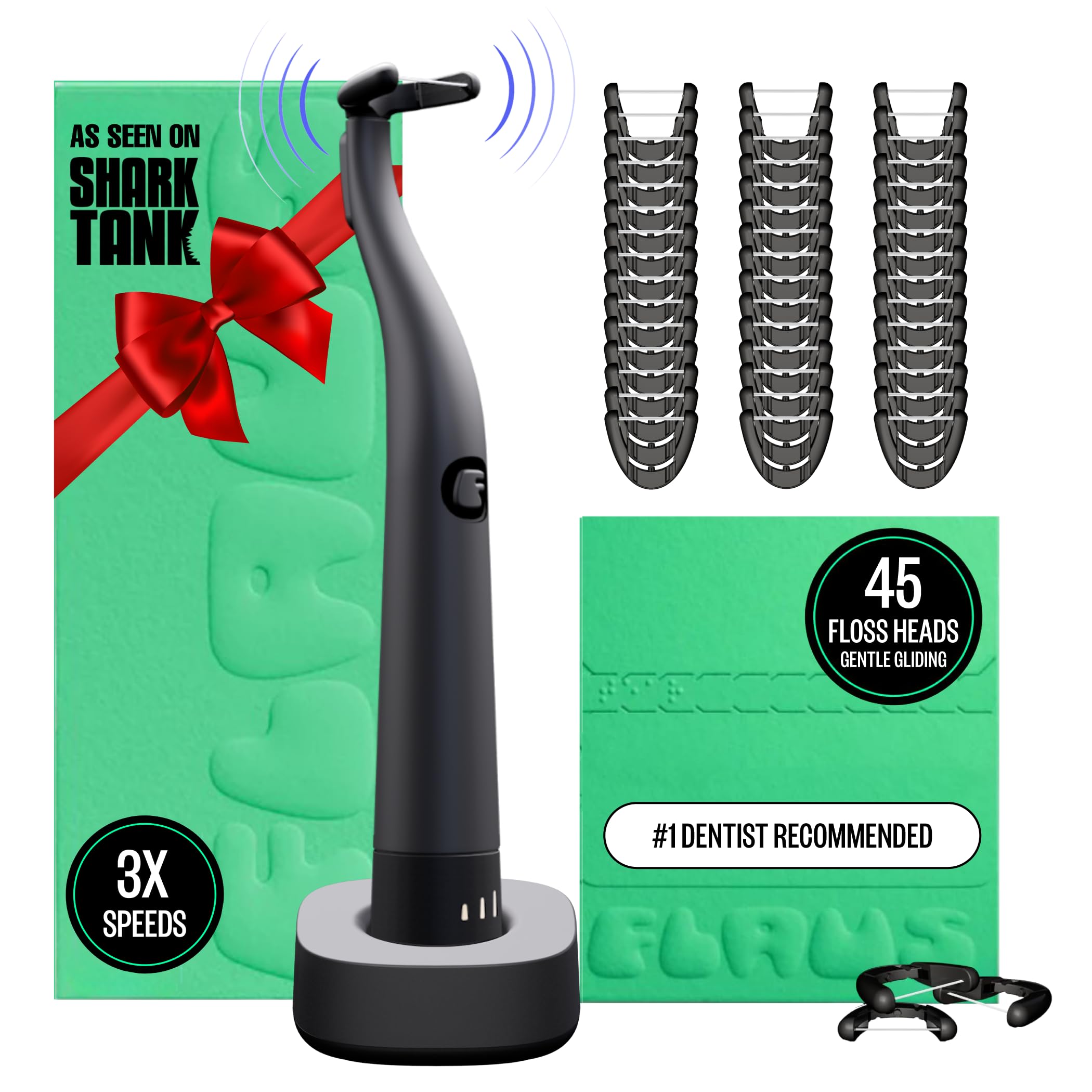 FLAUS Electric Flosser (Shark Tank) 3 Speeds + 45 Refill Heads w/Gentle Gliding Floss for Sensitive Gum Care - Water Flosser Alternative, Dentist Recommended Tooth Flossers, Eco Dental Floss Picks