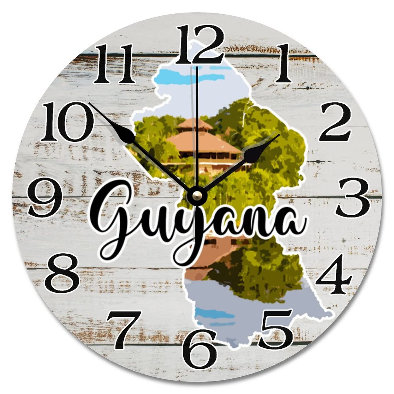Horloge murale Guyane en bois de 30,5 cm, pendule silencieuse sur le thème voyage et tourisme