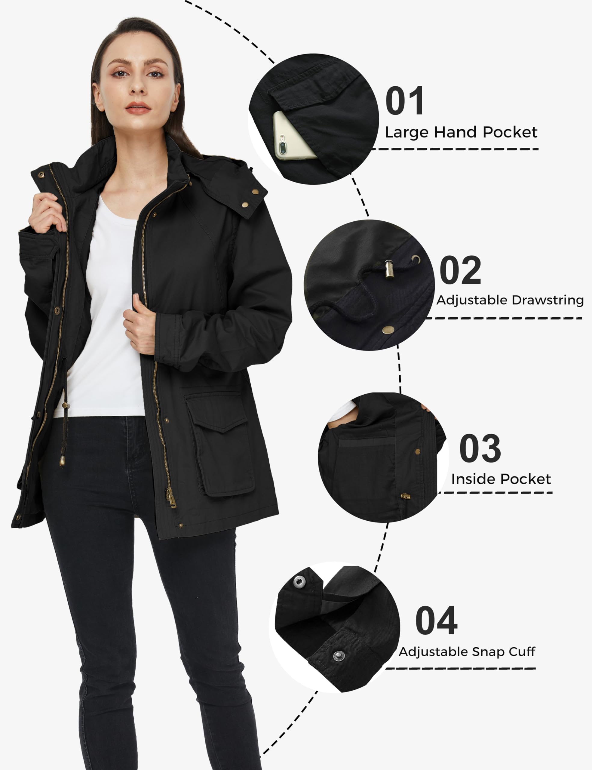 WenVen Damska bawełniana kurtka rekreacyjna slim fit, klasyczna kurtka wojskowa, z kołnierzem, kurtka przejściowa, wiatrówka