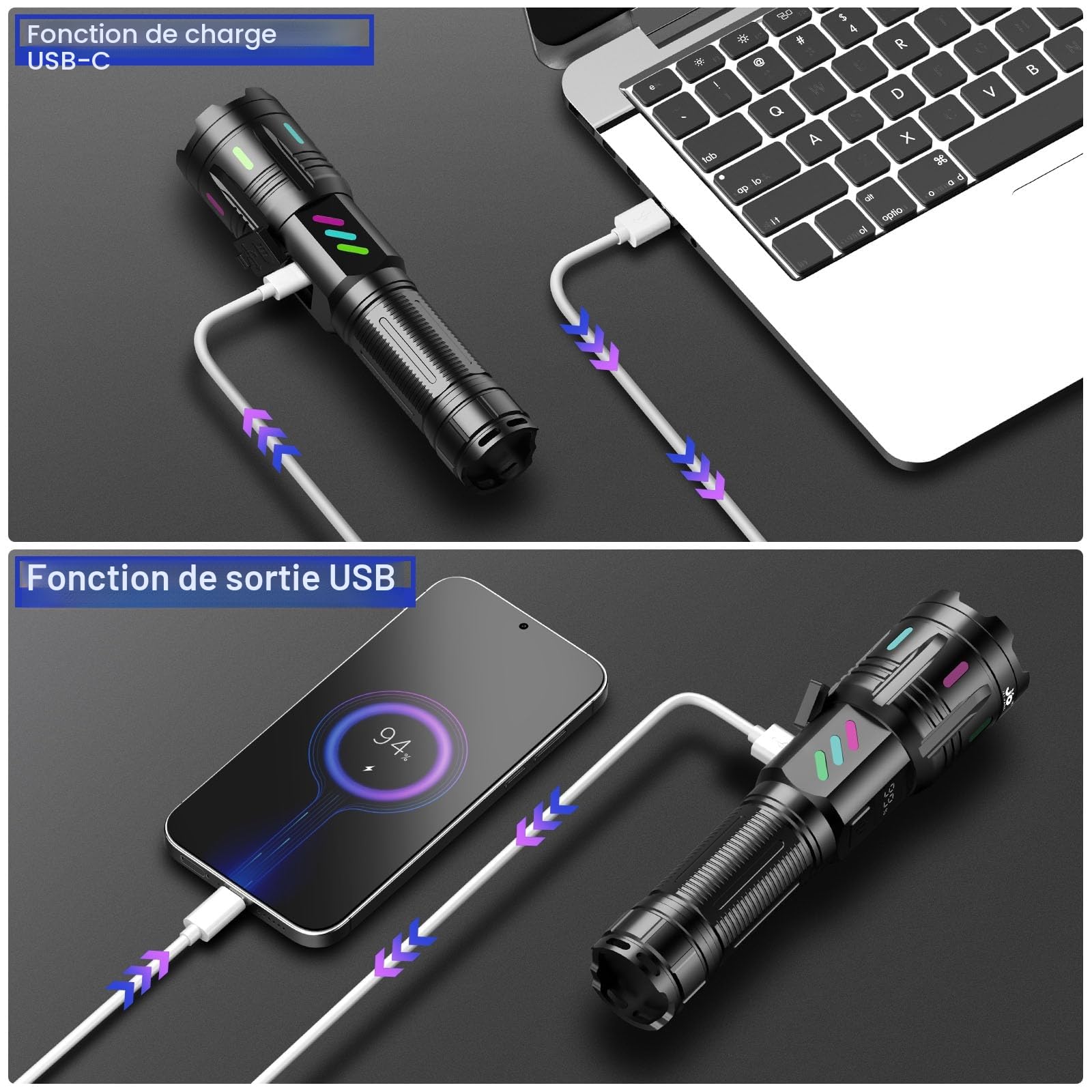 JAY-PARK Lampe Torche LED Ultra Puissante 1000000 Lumens, Rechargeable, Longue Portée, 5 Modes D'éclairage, Zoomable