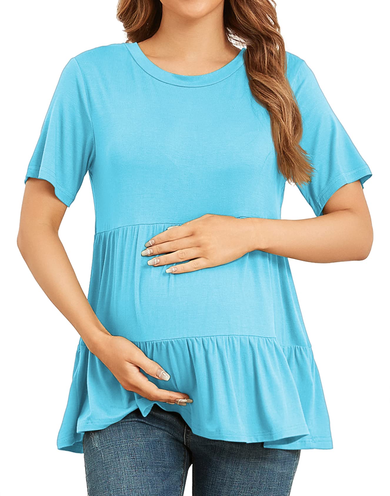 Xpenyo Women's Maternity T Shirts Short Sleeve Tiered Basic Casual Pregnancy Top