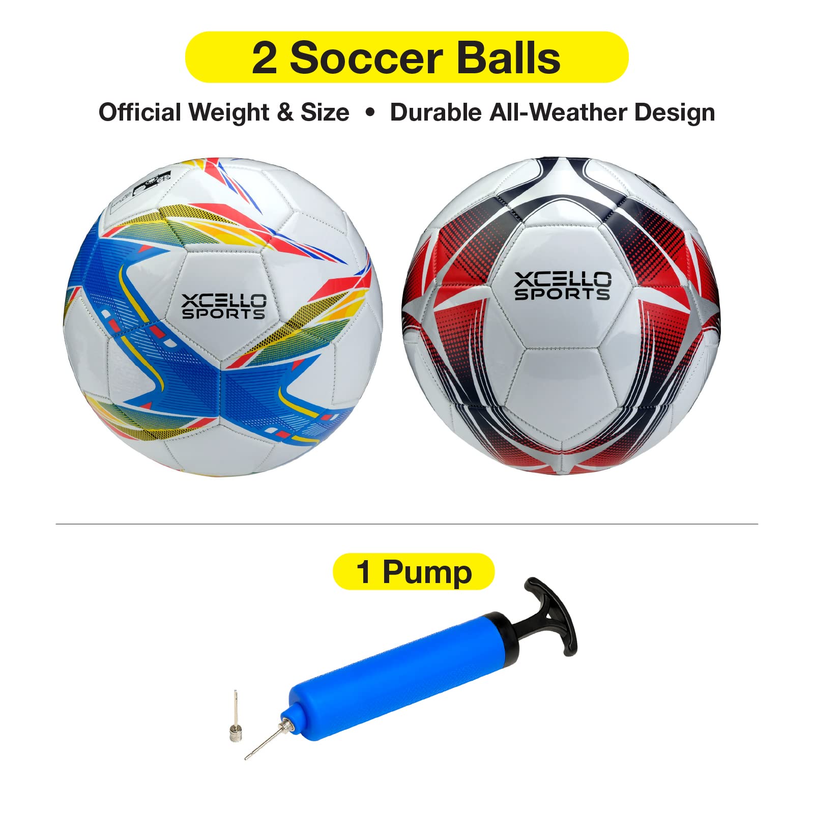 Xcello Sports Balón de fútbol tamaño 4 gráficos surtidos con bomba (paquete de 2)