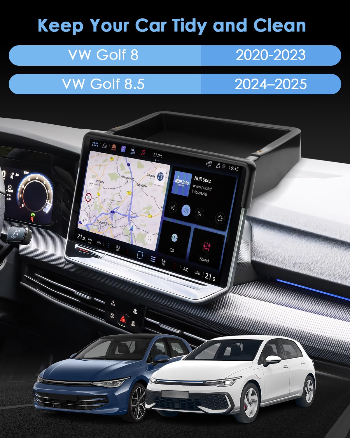 Organizer per schermo posteriore per VW Golf 8.5,8 2024-2025 MK8 Facelift Console centrale Schermo Vassoio portaoggetti in plastica con display VW da 12,9 pollici Accessori (plastica)