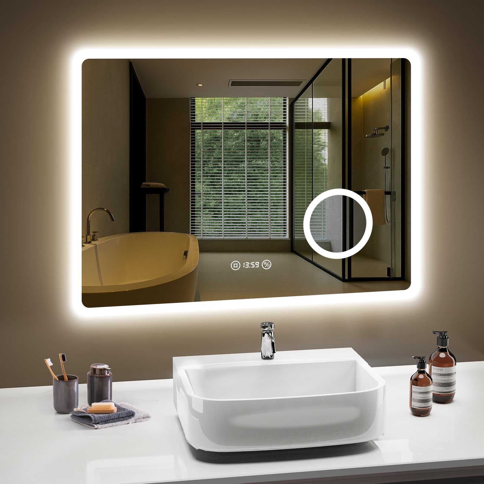 PESENXAN Uhr-Funktion Badspiegel mit Beleuchtung 80 x 60 cm, 3 Lichtfarben Einstellbar, Dimmbar, Antibeschlag, 3-Fach Vergrößerung, IP44 wasserdicht