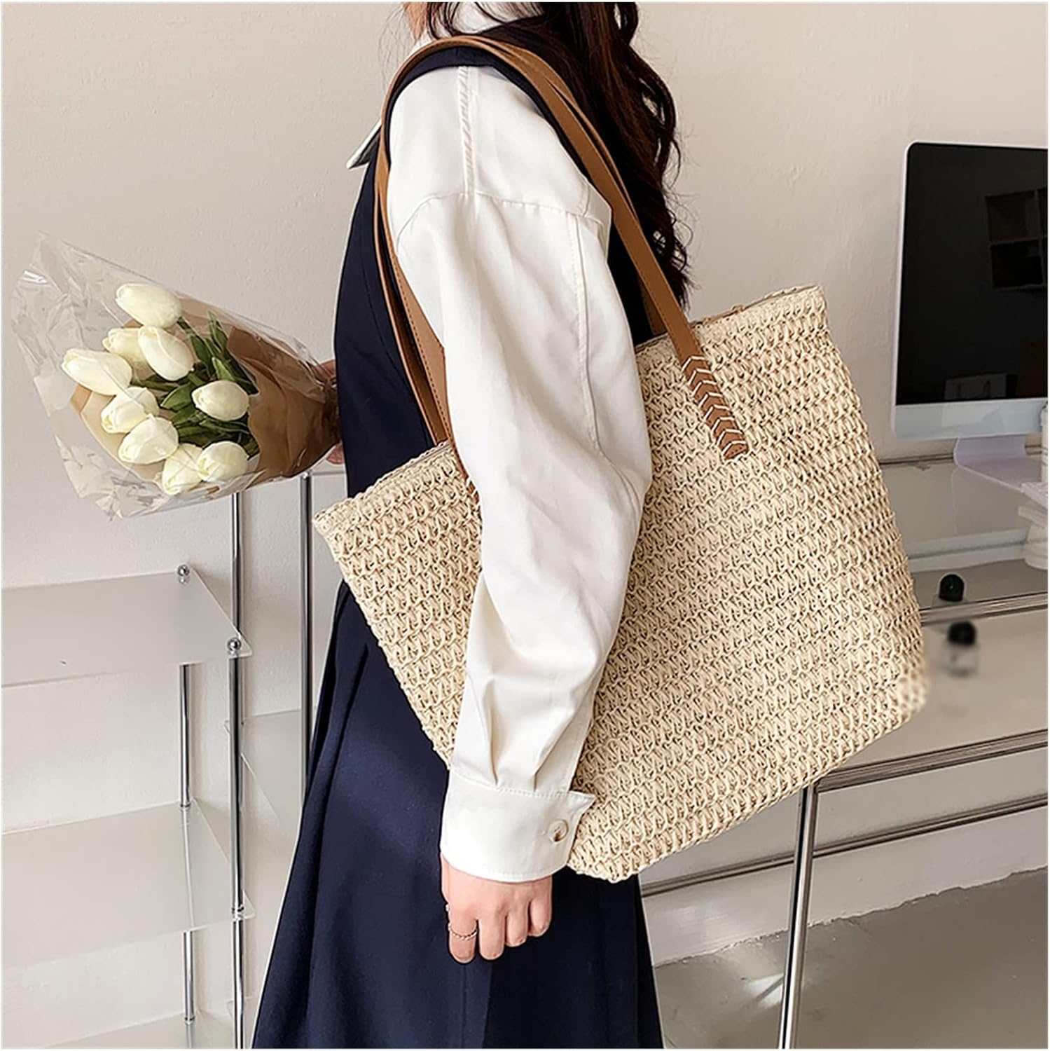 Summer Women Straw Handbag Zipper Straw Beach Bag Travel Shopper Weaving Shopping Bags Purses Shoulder Bags (Color : A)