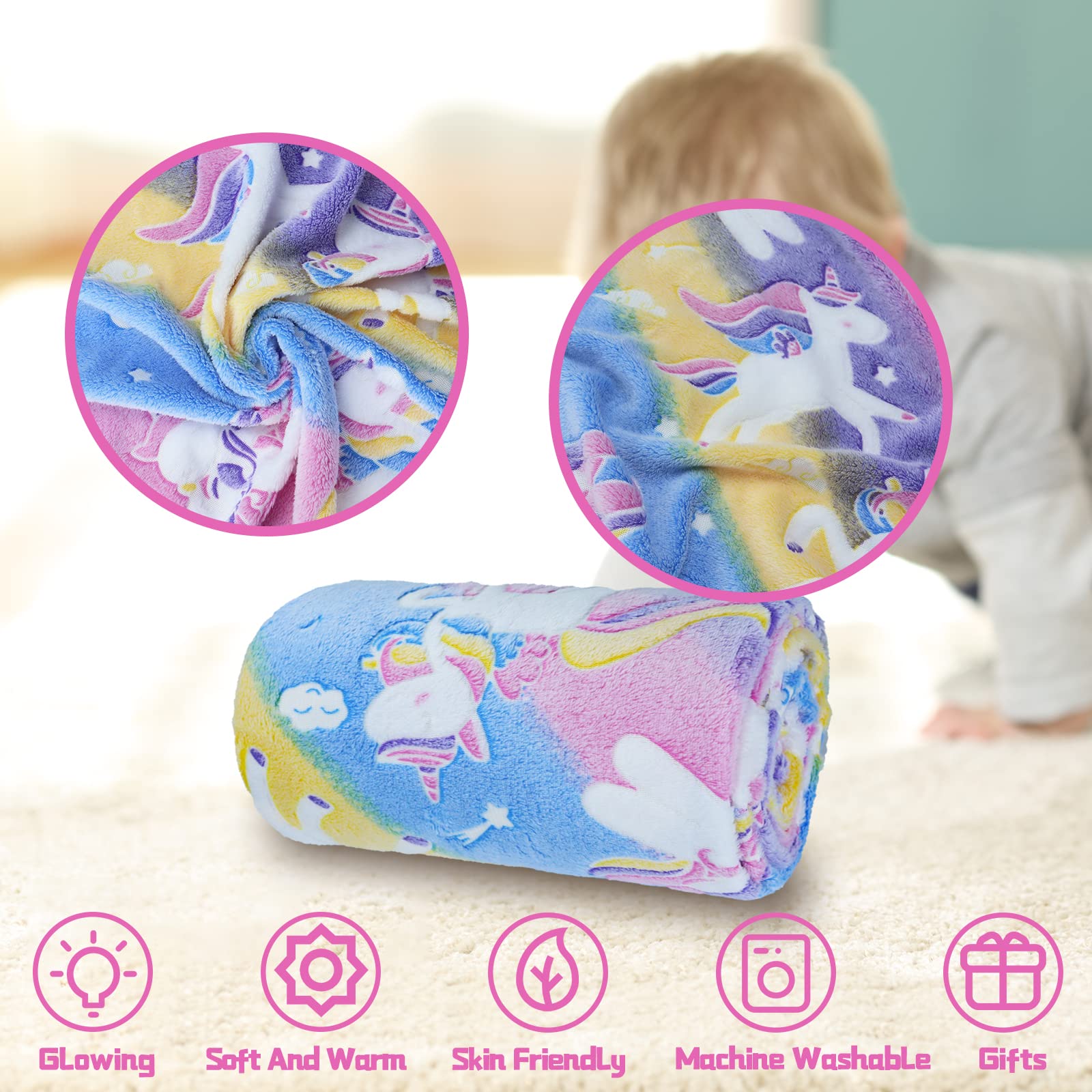 AVJWWD Coperta per bambine con unicorno,coperta soffice con unicorno che si illumina al buio, regalo di compleanno per Bambini e Ragazze (Unicorno A, 130 x 150 cm)