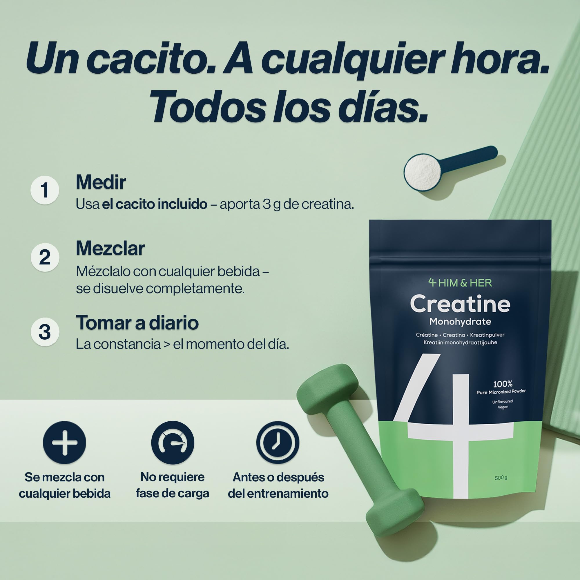 Creatina Monohidratada Polvo 500g, 5 Meses – 100% Pura, Sin Sabor – Micronizada 200 Mesh, Soluble – 147 Porciones – Vegana para Hombres y Mujeres – Sin Gluten, Sin Aditivos – 4 HIM & HER