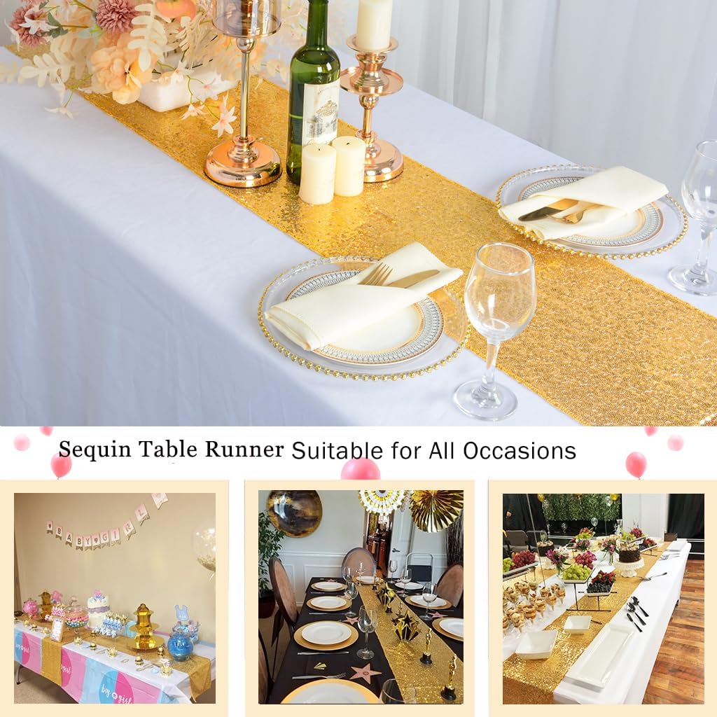 ShinyBeauty 10 Pieces-12 x108 Gold-Sequin-Table-Runners Wedding Party Catering Event Gold Table Runner Gold Christmas Decoration Glitter Fabric Sequin Table Runner Holiday Table Runners 108 Inches