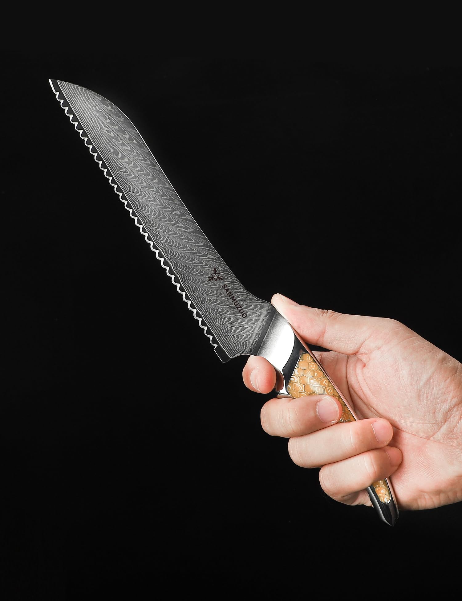 Cuchillo dentado para pan de 20cm, cuchillo de cocina japonés de acero de Damasco VG-10, cuchillo para cortar pan ultra afilado con mango de espiga completa en resina amarilla, serie LA-S9