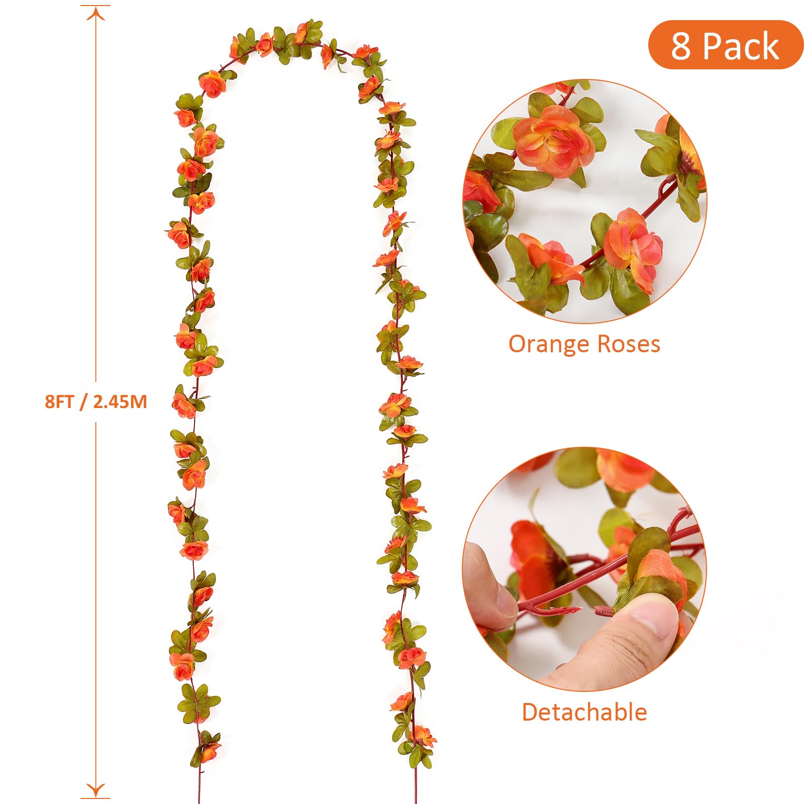 Weldomcor Pack of 8 Artificial Orange Garland 40 FT Flower Garland Roses Vines Silk Flowers Outdoor Hanging Artificial Flowers Decoration for Wedding Arch Bedroom Wall Backdrop Garden Decoration - Image 3
