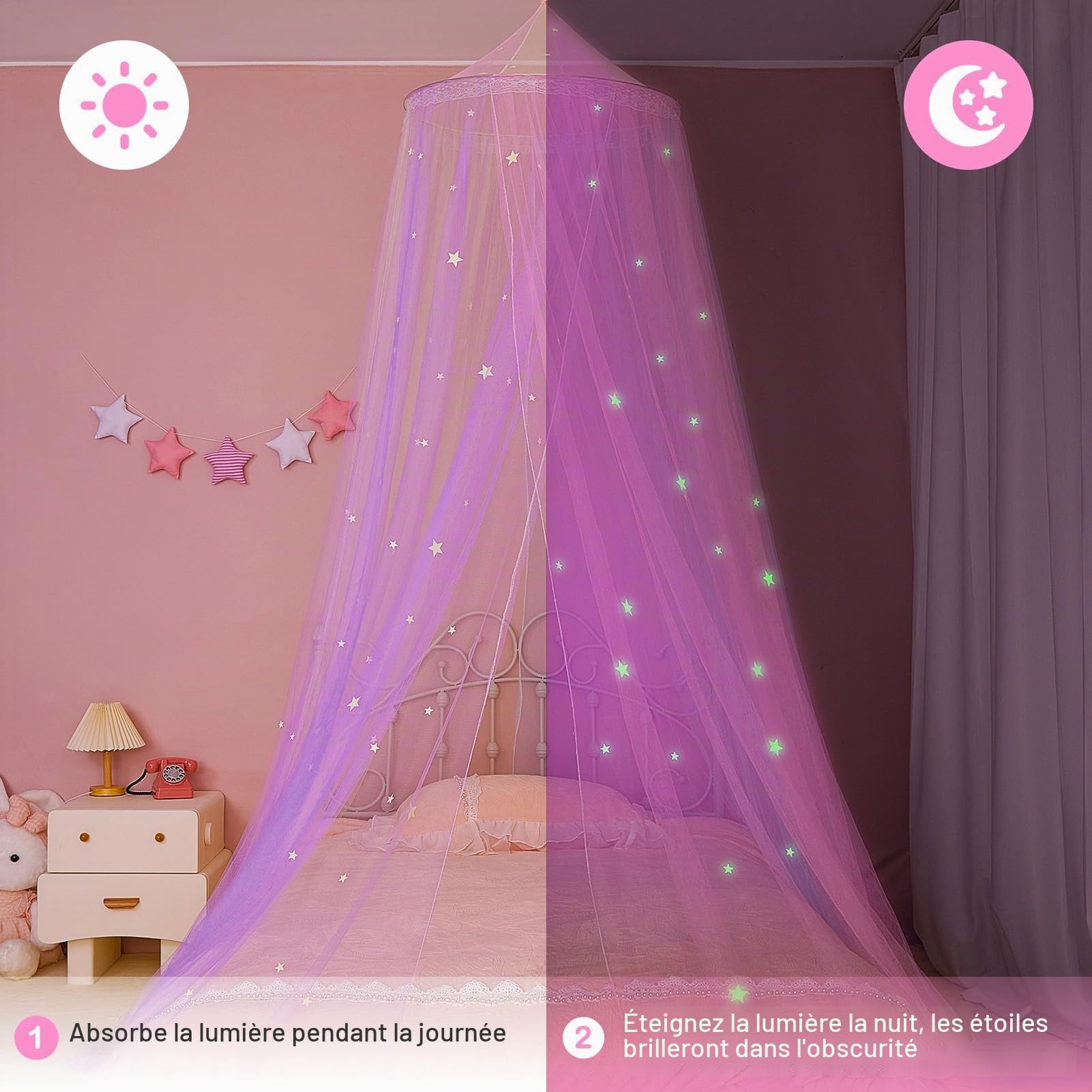 MHJY Lit de princesse chambre avec rideaux LED, moustiquaire DIY, étoiles et papillons