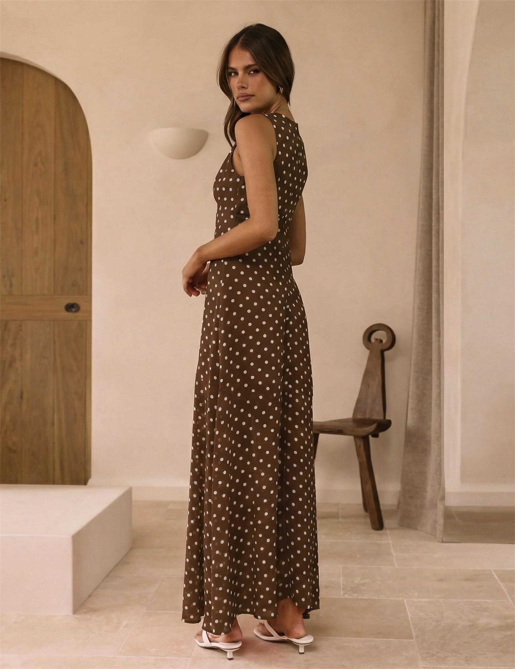 Abito estivo da donna a pois, senza maniche, scollo rotondo, a vita alta, elegante, vintage, rockabilly, per feste