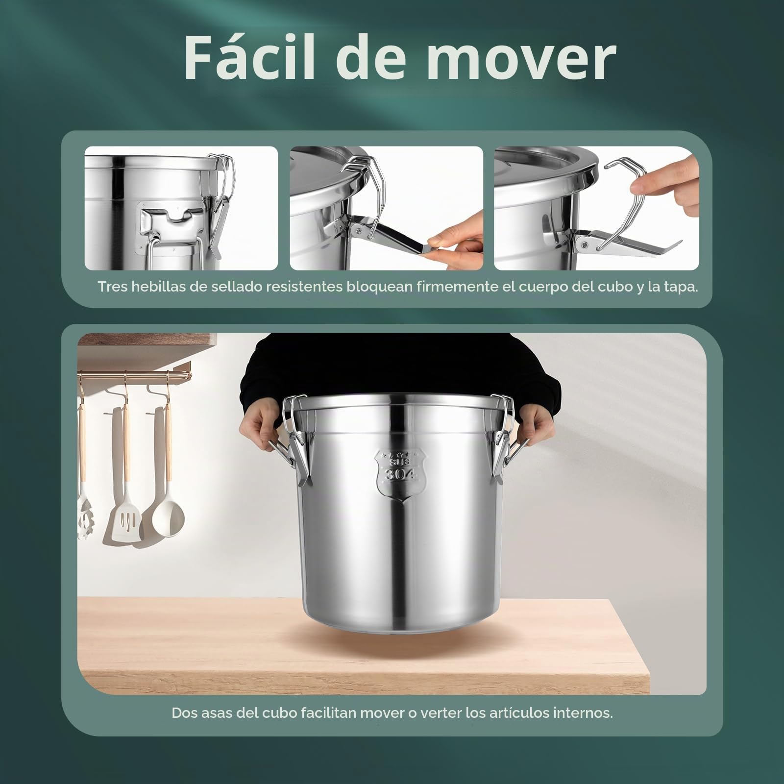 Cubo hermético de acero inoxidable con tapa, 6 L, 12 L, 21 L, 33 L, para cereales, harina y cereales (33 x 33 x 30 cm, 21 L)