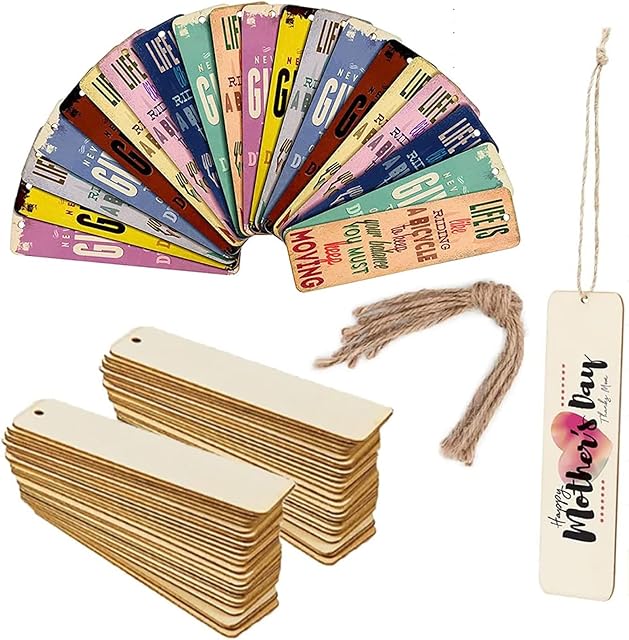 36Pcs Blank Wood Bookmarks, DIY Rectangle Wooden Craft Bookmarks Ornaments Unfinished Hanging Tags with Holes and Ropes for Book Kid Birthday Christmas Party Decor