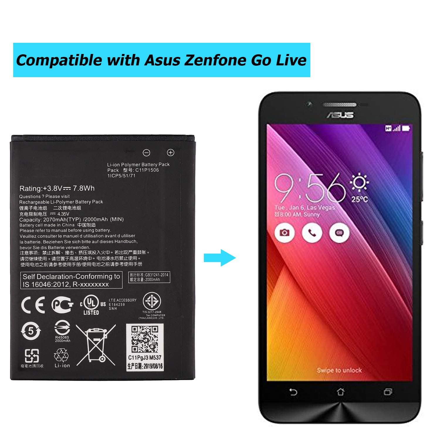 Batteria Sostitutiva 2070mAh Per Asus ZenFone Go Live Z00VD – Con Kit Di Smontaggio Incluso, Alta Capacità