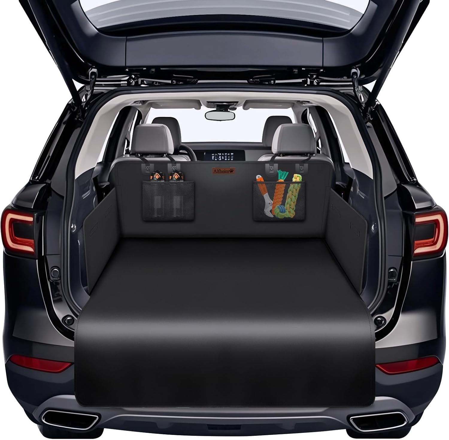 Alfheim Protection Imperméable et Anti-Dérapante pour Coffre de Voiture-Tapis Universel pour Chiens, Adapté aux Voitures et SUV,Facile à Nettoyer,Avec Poches en Filet et Protection de Pare-Chocs(Noir)