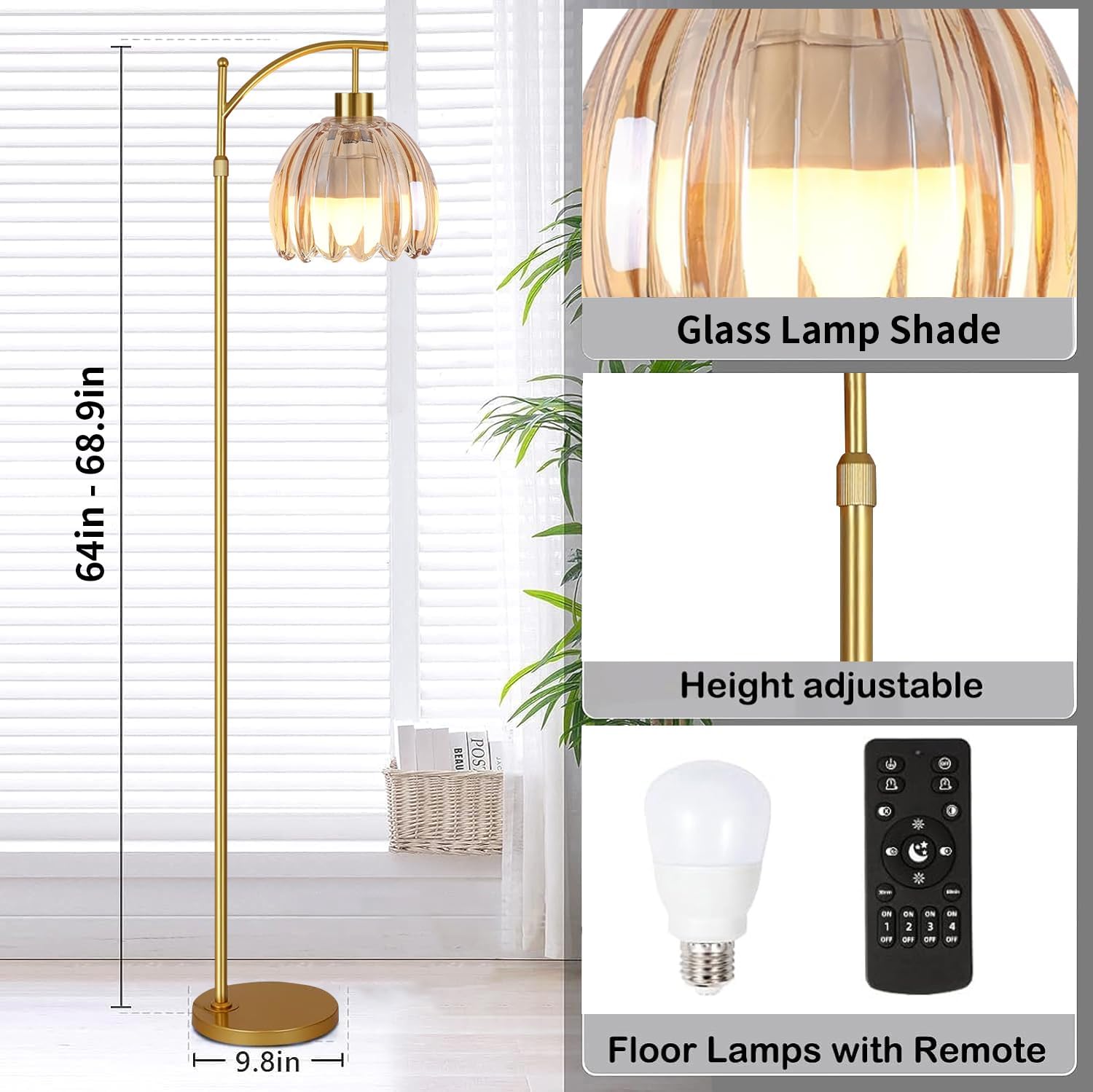 Glass Floor Lamp for Living Room,Bedroom,Gold Dimmable Standing Lamp with Remote,Mid Century Modern Brass Tall Lamp Boho Floor Lamps Arc Stained Flower Floor Light Lamp Girls Bohemian