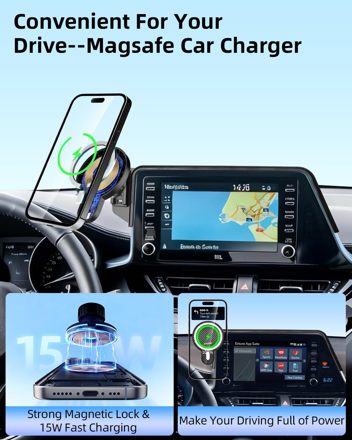 Supporto per telefono da auto per Toyota C-HR CHR 2019 2020 2021 2022 Accessori Schermo da 8 pollici Rotazione a 360 ° Culla per smartphone Supporto magnetico 15W Caricabatterie wireless veloce