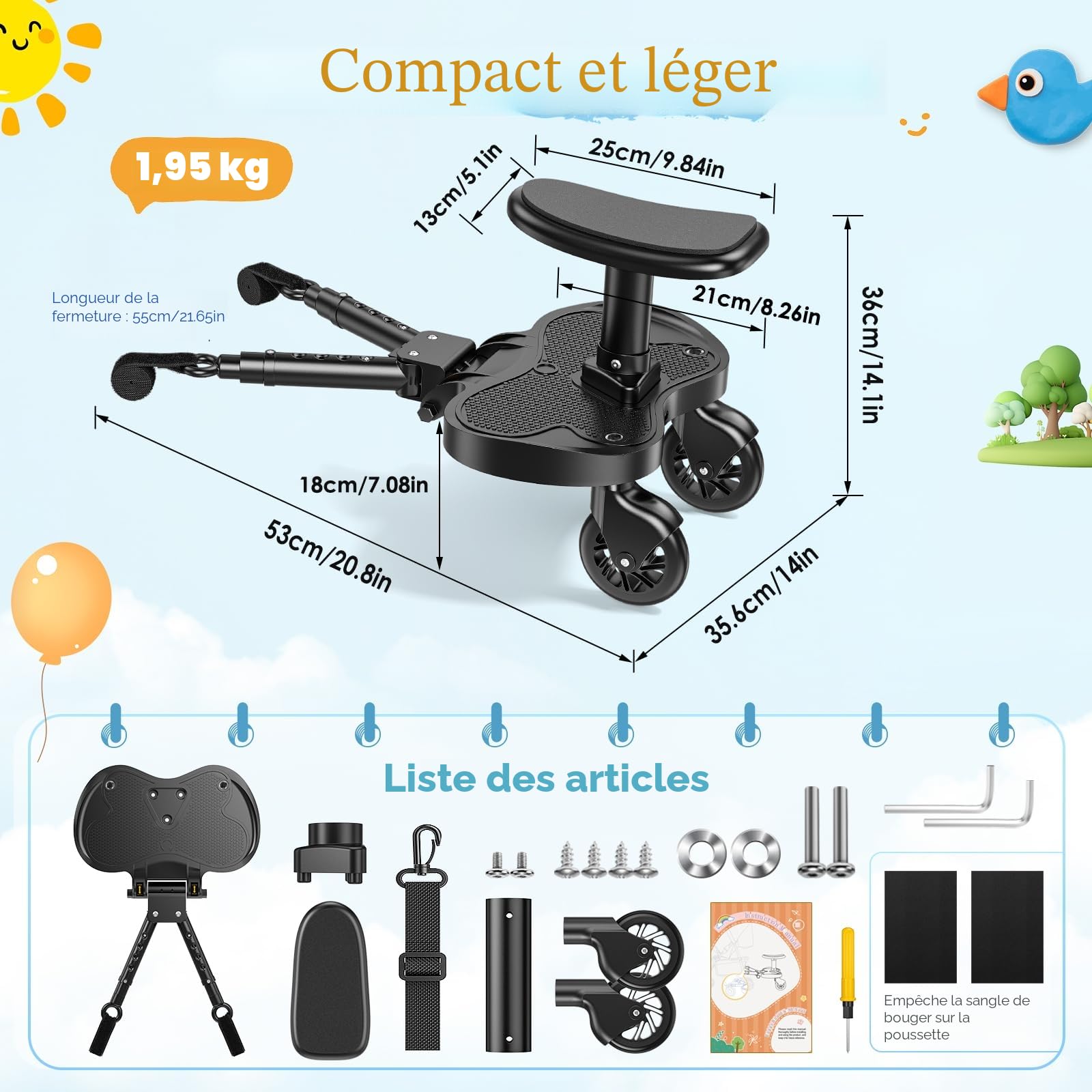 Planche Poussette Universelle, Marche Pied Poussette Universelle avec Siège, Compatible Avec 99% des Poussettes, Planches à roulettes pour Enfants de 2 à 6 Ans (25KG)