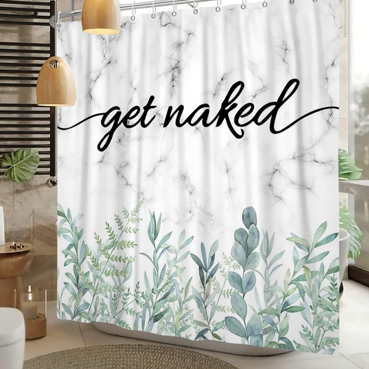 Funny Get Naked Shower Curtain Marble Design Watercolor Green Eucalyptus Leaves Shower Curtain Cute Grey and White Bathroom Decor with 12 Hooks, 72x72 Inch