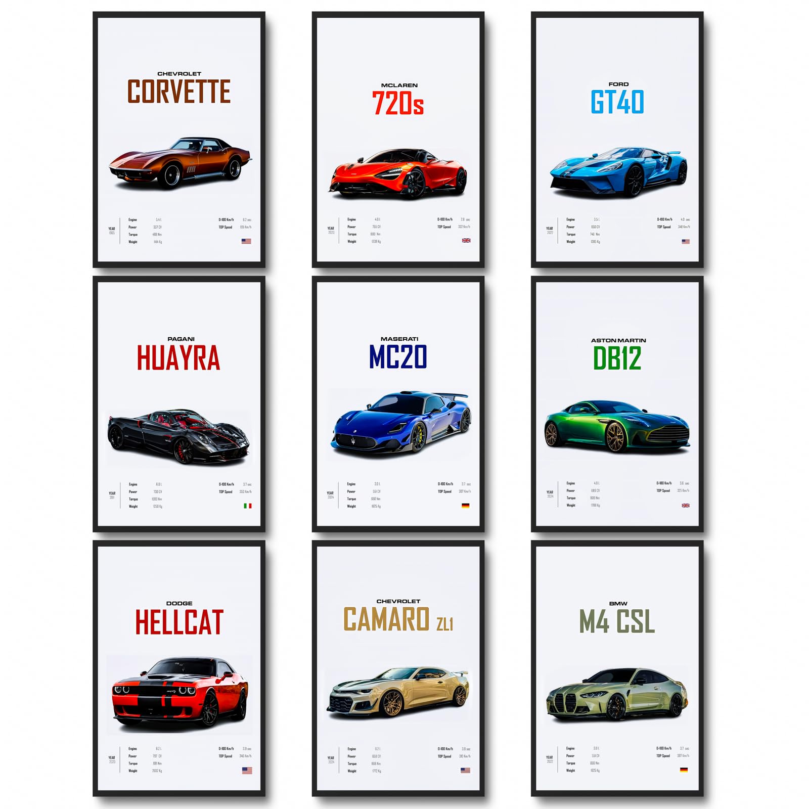 dazongweihan 9pcs Super Car Posters for Boys Room, Racing Car Wall Art for Men Guys, Sports Car Wall Decor, Race Cars Pictures Wall Decor for Bedroom Dorm Man Cave (Unframe,8x12inch) (Q1)