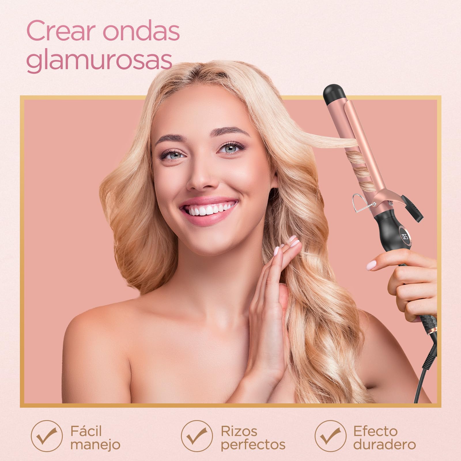BESTOPE PRO Rizador Pelo Ondas 32mm, Rizador de Pelo para Rizos Grandes,Multi-Temperatura Seleccionable, Tenacillas para Rizar el Pelo con Calentamiento Rápido y Gran Pantalla LCD, Oro Rosa