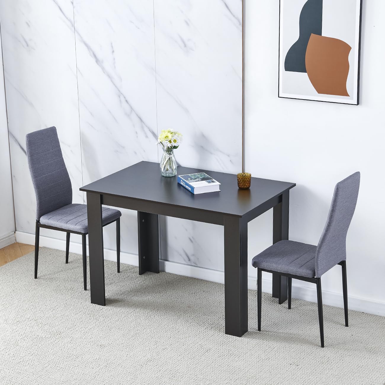 NICEME Dining Room Set for 2, Compact Small Dining Table and 2 Chairs for Small Room Space Saving (Walnut Black Table 2 Seaters, Linen Grey)