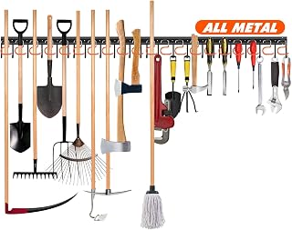 68" All-Metal Adjustable Garden Tool Organizer Wall Mount - Heavy Duty Garage Storage Hooks for Shovels, Rakes, Brooms & More