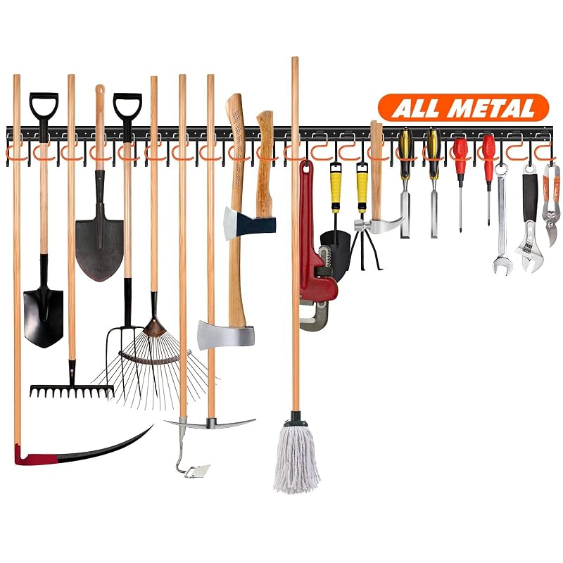 TVKB 68'' All Metal Garden Tool Organizer Adjustable Garage Tool Organizer Wall Mount Garage Organizers and Storage with Heavy Duty Hooks Tool Hangers for Garage Wall, Shed, Garden Iron 68inch(17"x4pa
