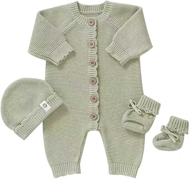 Organic Cotton Baby Sweater Knit Romper Hat Booties 3 Piece | Newborn Infant Set LongSleeve Cute Outfit Boy Girls Clothe