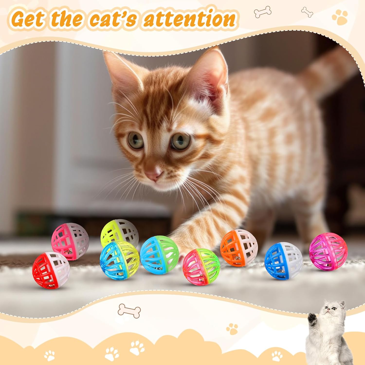 Silkfly 100 Pcs Value Cat Toy Balls with Bells, Plastic Lattice Jingle Balls for Kittens, Interactive Chasing & Pounce Rattle Toys, Assorted Colors