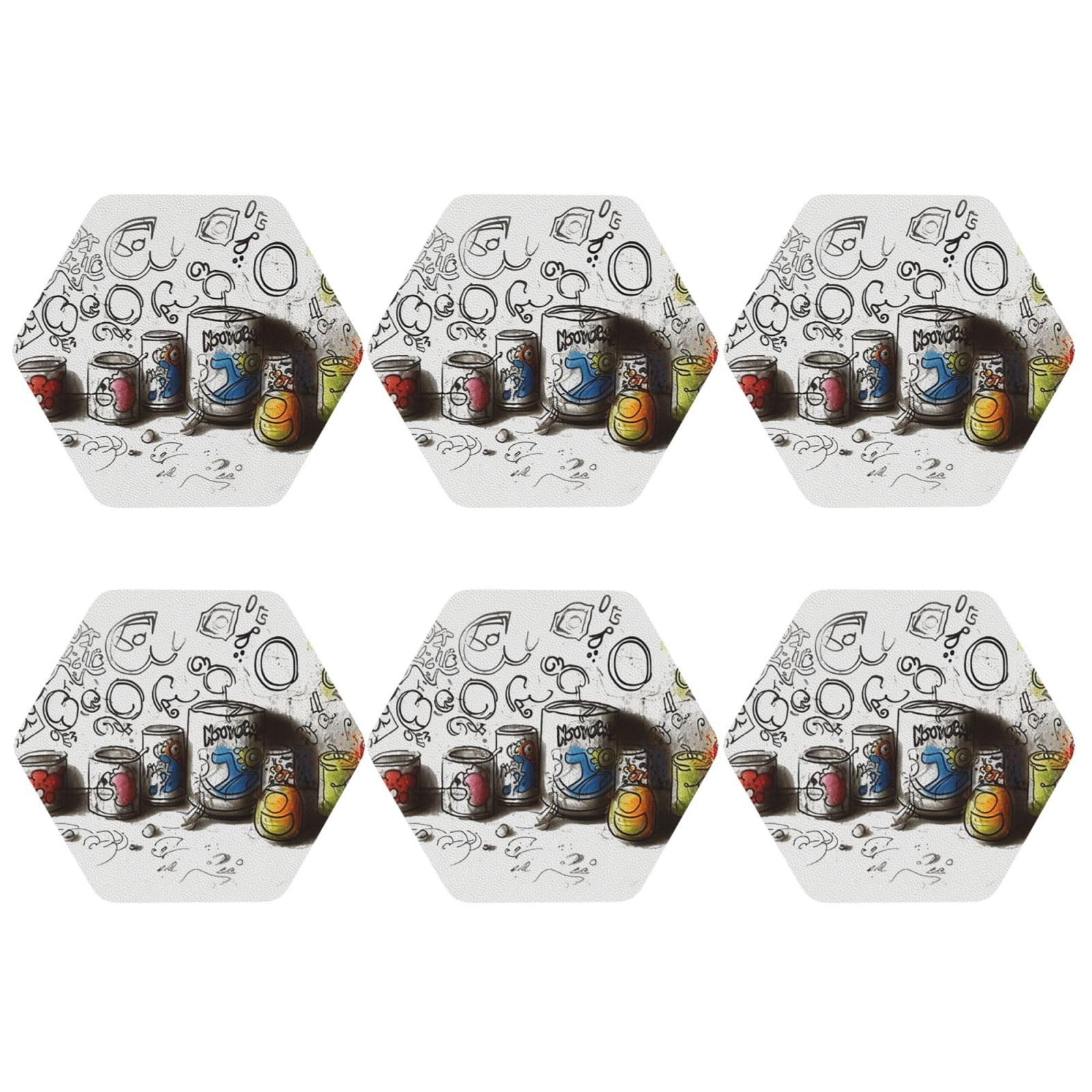 6pcs Leather Coasters for Drinks, Graffiti On Various Objects Drink Coasters for Tabletop Protection, 4" Cup Coasters for Coffee Table Decor, Non-Slip Drinking Cup Mat for Hot Or Cold Drink