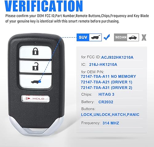Miniatura 3 de Llave remota de entrada sin llave para Honda CRV 2015 2016 FCC ID: ACJ932HK1210A P/N: 72147-T0A-A113 4Buttons