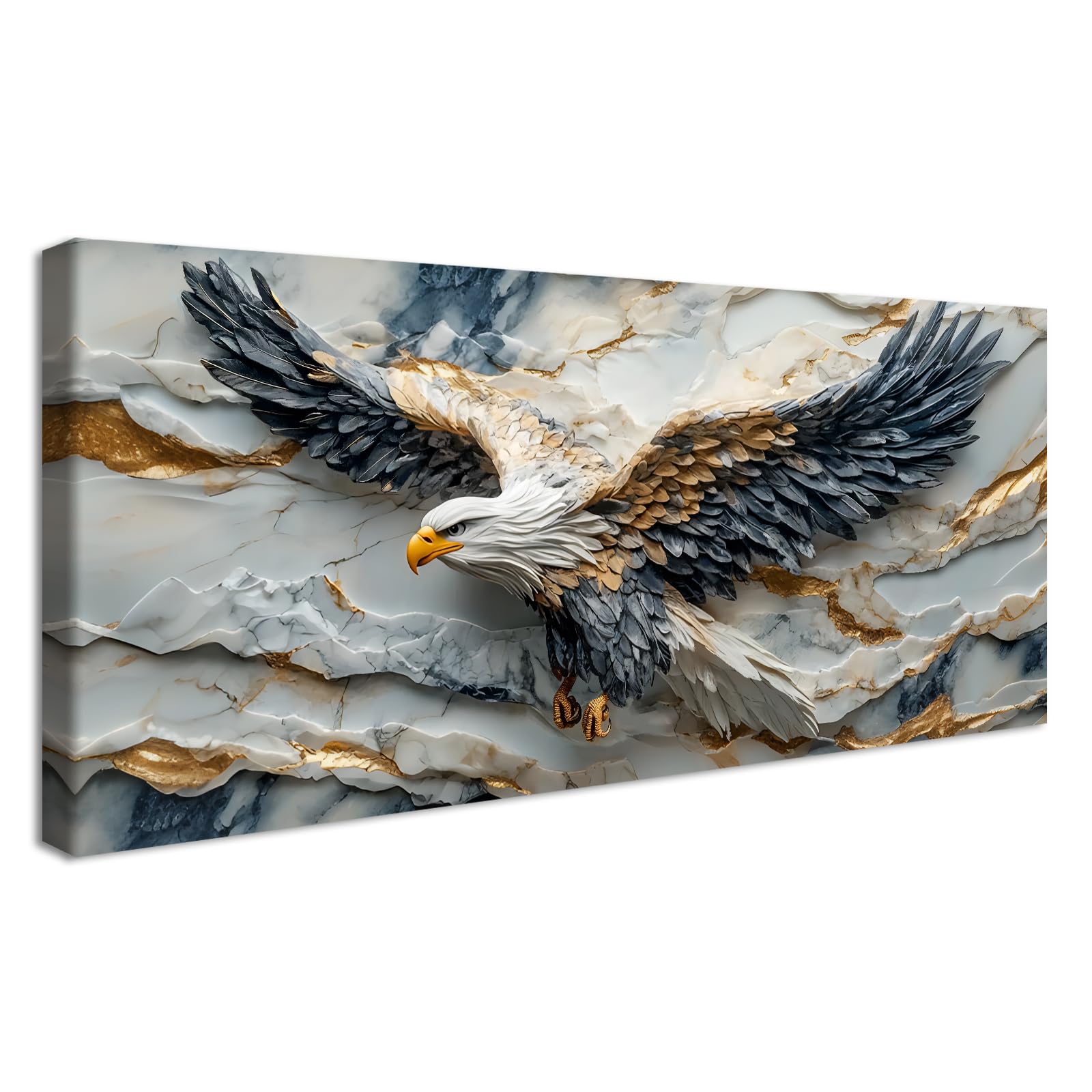 Mit Rahmen Leinwand Bilder Marmor Weißkopfseeadler Bild auf Leinwand Malerei Poster Kunstdrucke Weiß Grau Gold Federn Adler Tier Bild Wandbilder Heim Wohnzimmer Schlafzimmer Wanddeko 50x120cm