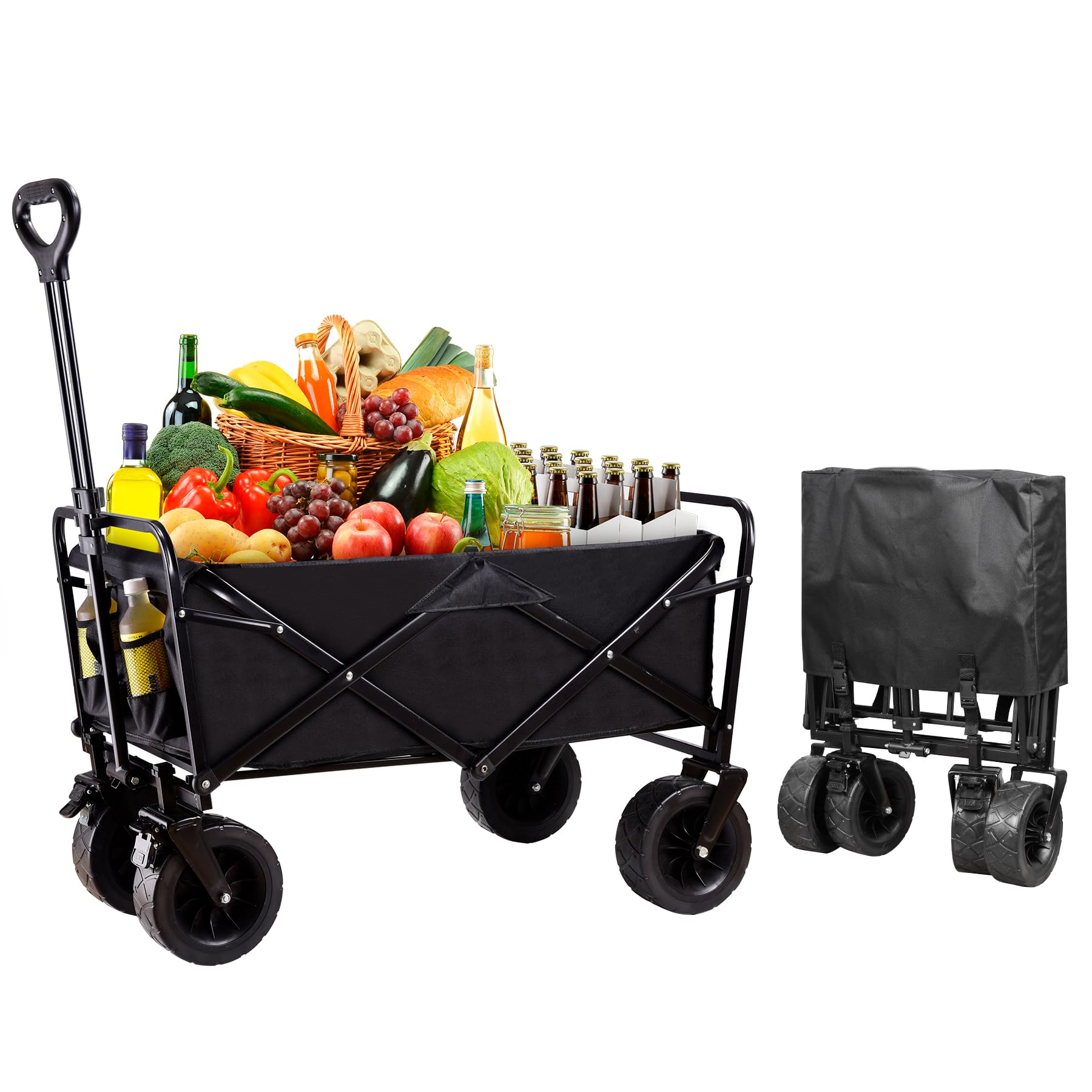Collapsible Foldable Wagon, 400lbs Large Capacity All Terrain Beach Vehicle, Outdoor Portable Wagon for Camping, Garden, Shopping, Groceries, Black