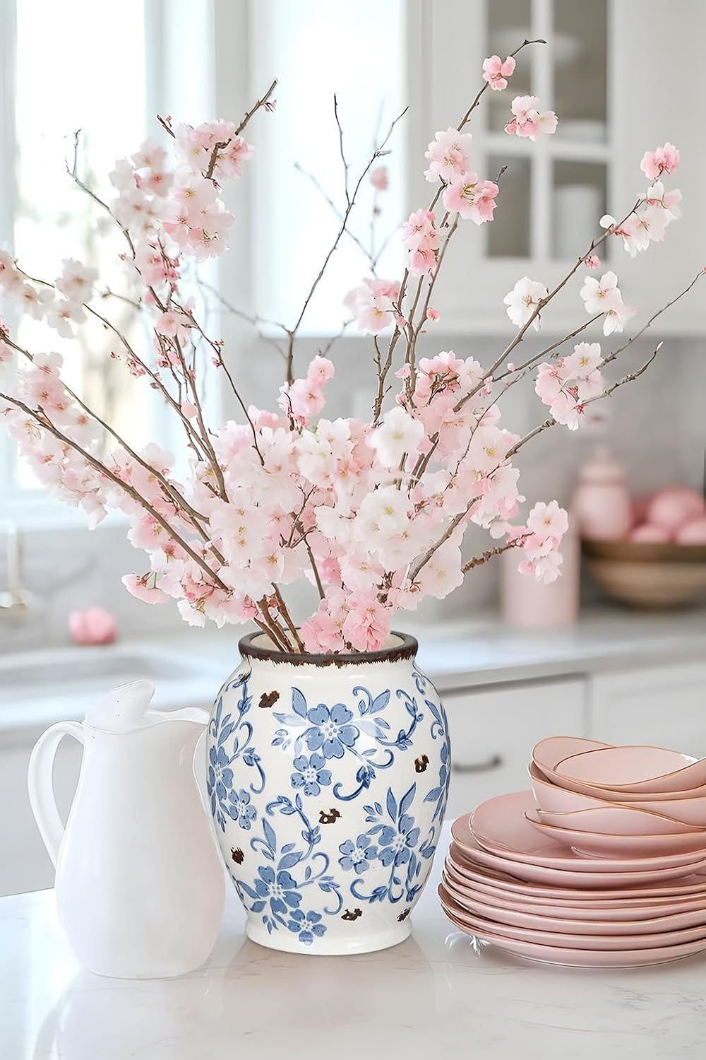 Hollyone Blue and White Porcelain Vase Large Chinoiserie Floral Vintage Tall Blue Ceramic Vases for Home Mantle Shelf Living Room Table Centerpieces Decor, 7 Inch - Image 7