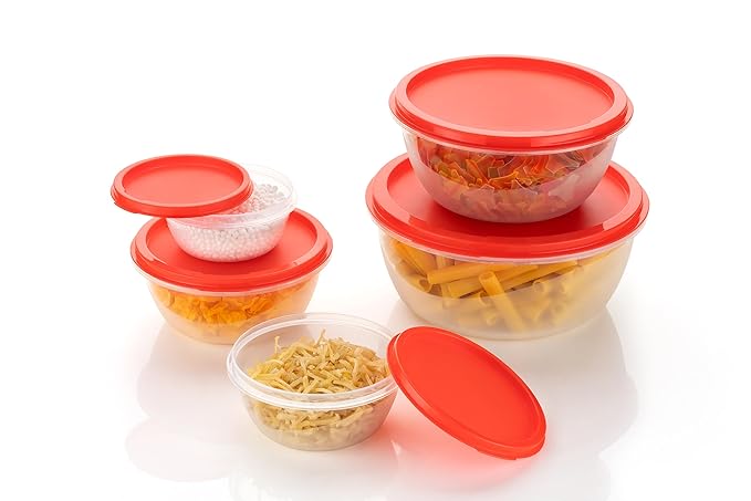 Clazkit Round Plastic Storage Jars Containers Set for Kitchen | BPA Free Leak Proof Food Grade Material Multicolour | Set of 5-2500ml | 1400ml | 800ml | 450 ml | 250ml,Red