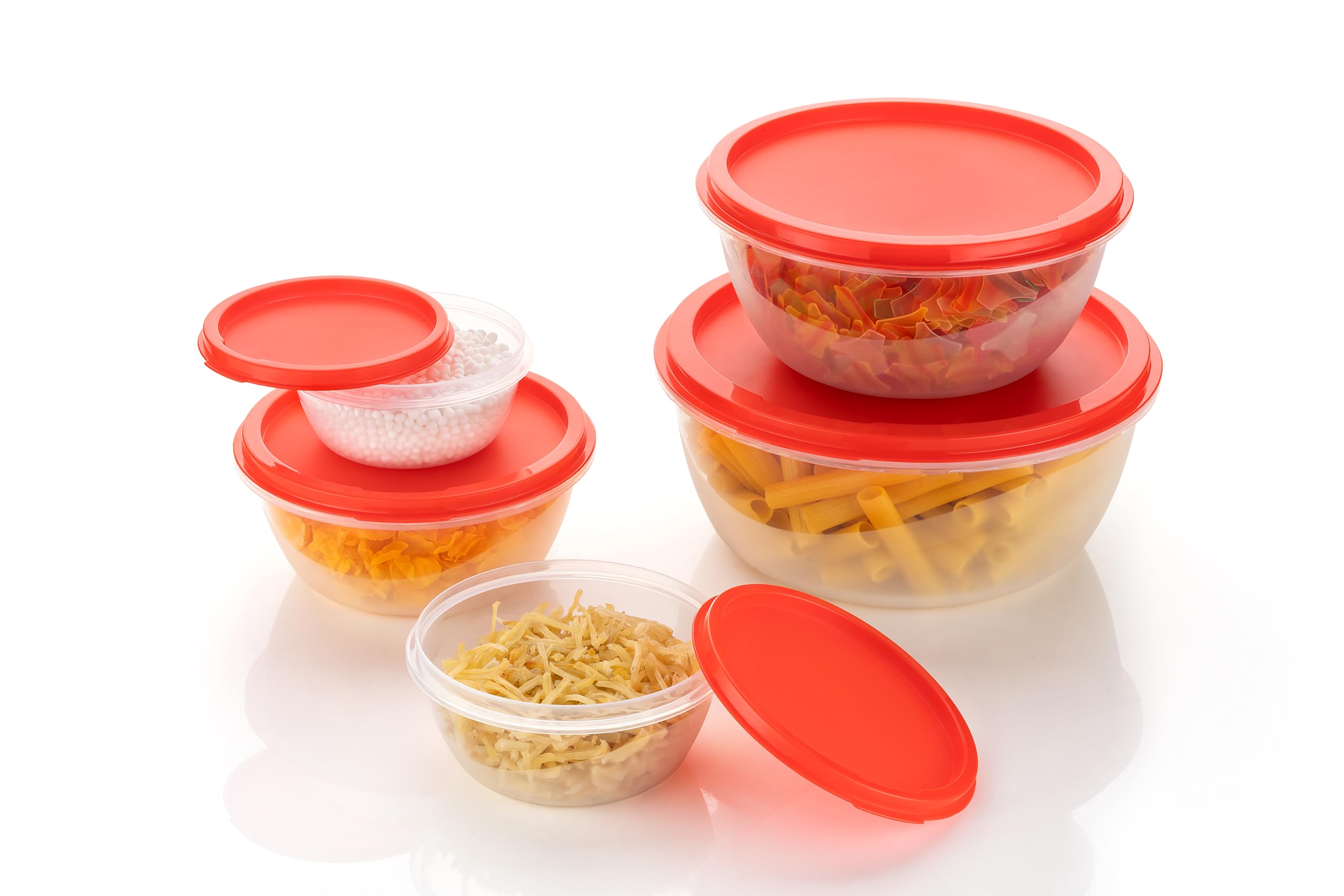 Clazkit Round Plastic Storage Jars Containers Set for Kitchen | BPA Free Leak Proof Food Grade Material Multicolour | Set of 5-2500ml | 1400ml | 800ml | 450 ml | 250ml,Red