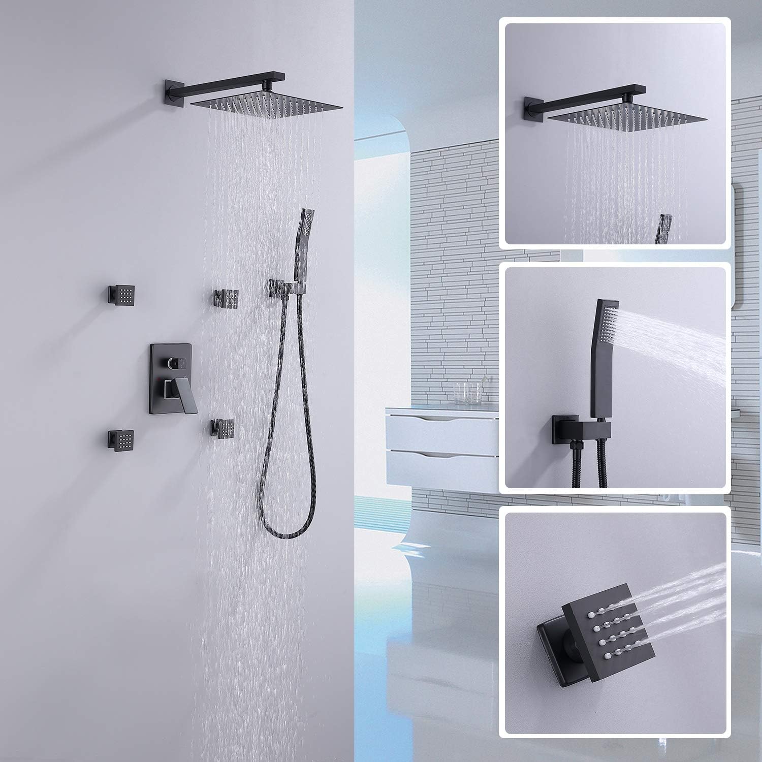 Amazon Crazy 🔥 Deals RBROHANT Matte Black Shower Faucet Set Wall Mount Bathroom Shower System, 10 Inch Rain Shower Head with Handheld Sprayer and Bathtub Spout, Rough-in Valve included, RCS85012MB