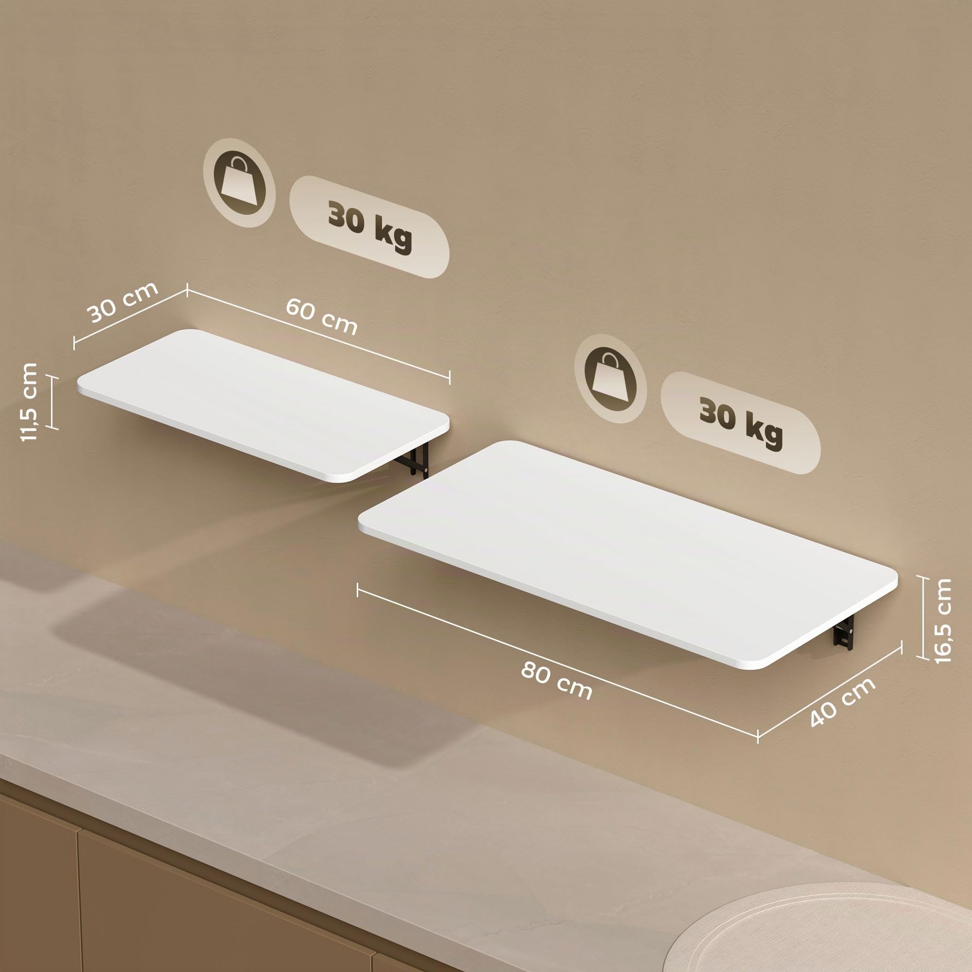 HOMCOM Juego de 2 Mesas Plegables de Pared Blanco Brillo
