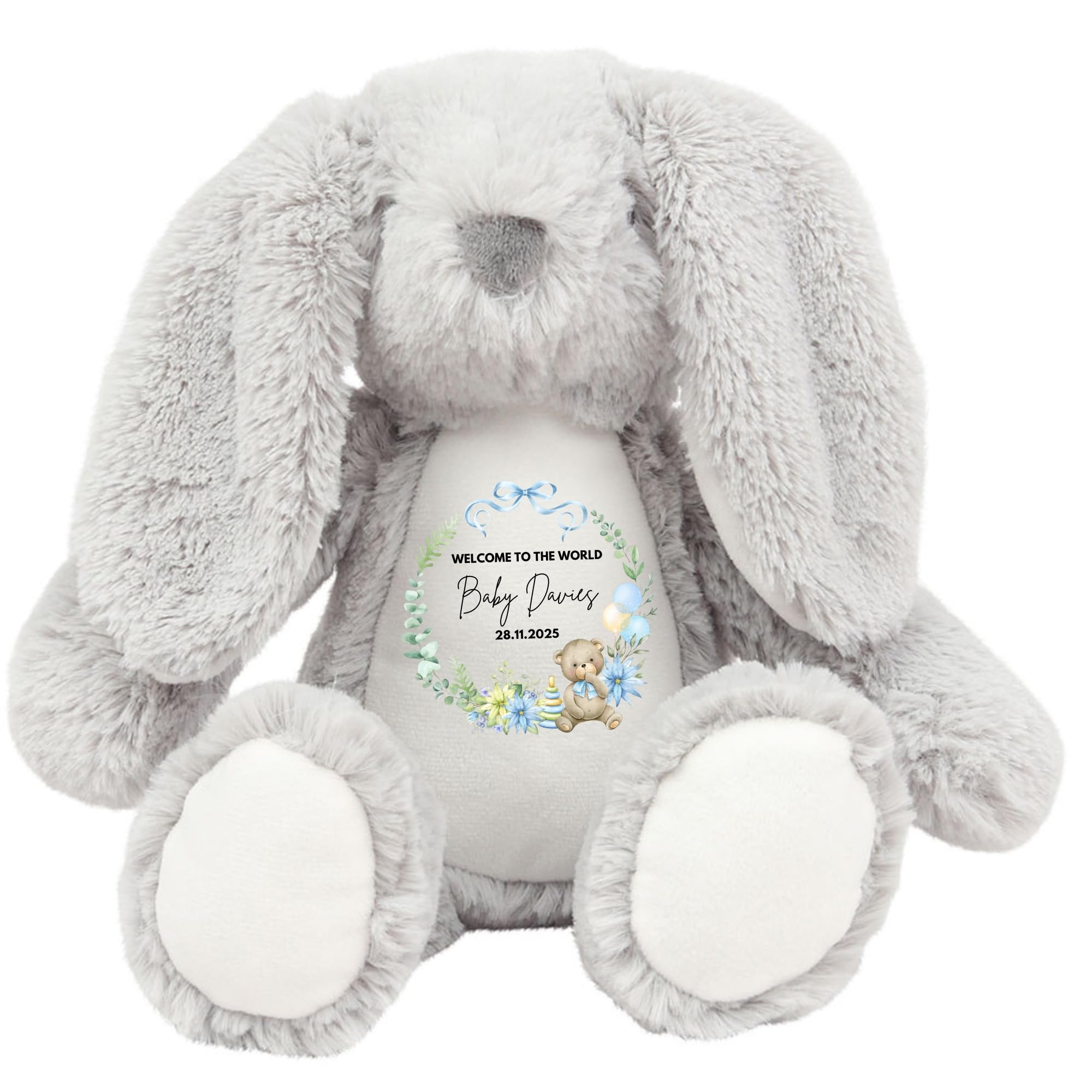 Personalised Bunny Teddy for Newborn Baby | Custom Plush Toy Gift | Birth Announcement Keepsake | Soft Stuffed Animal with Name & Date (Flower)