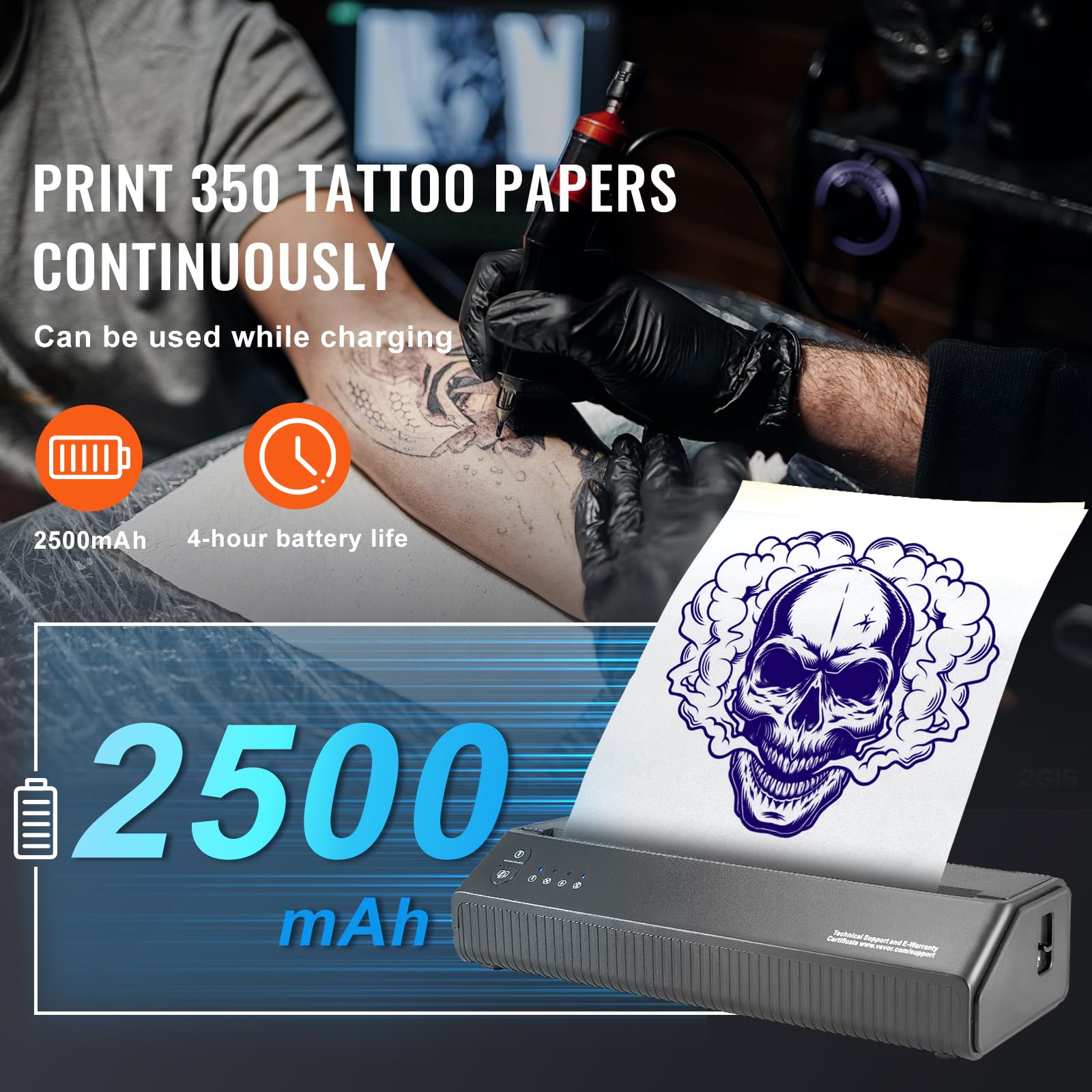 VEVOR Thermocopieur Tatouage sans Fil Bluetooth, Imprimante Tatouage avec 10 Papiers, Machine Transfert Tatouage iOS Android iPad PC