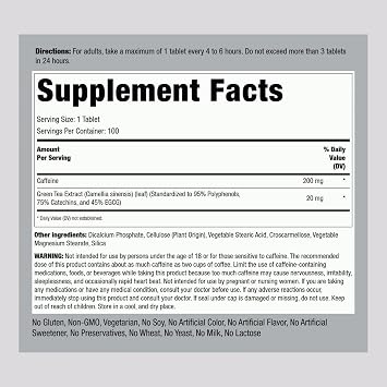 Piping Rock Caffeine Pills 200mg | 100 Tablets | with Green Tea Extract | Non-GMO, Gluten Free Supplement