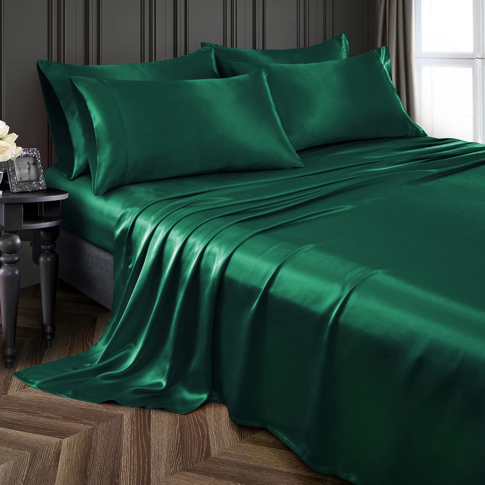 P Pothuiny6 Pieces King Satin Sheets Luxury Silky Blackish Green Satin Bedding Sheet Set, 1 Deep Pocket Fitted Sheet + 1 Flat Sheet + 4 Pillow Cases