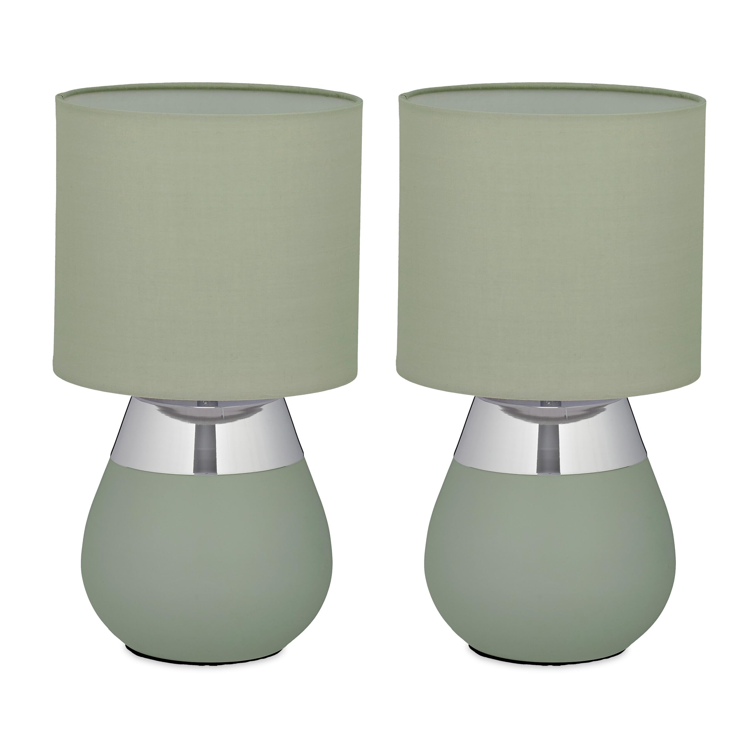 Relaxdays Tischlampe, 2er Set, Metallfuß, Stoffschirm, E14, H x D: 32 x 18 cm, Nachttischlampe mit Kabel, grün/Silber