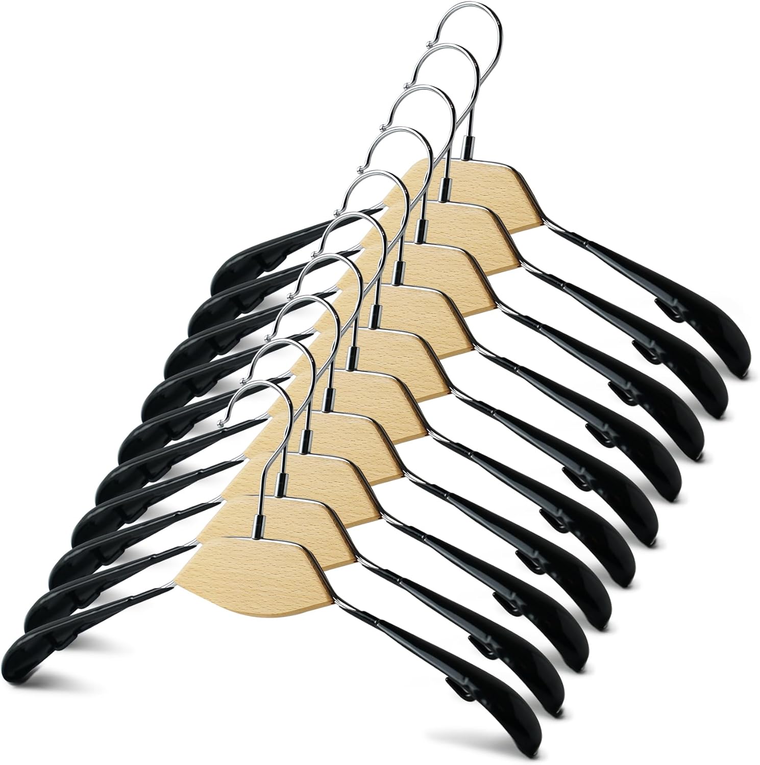 Wooden Clothes Hangers with 360 Degree Silver Hook | Non-Slip Coverage | 10 Pack | Cream Black