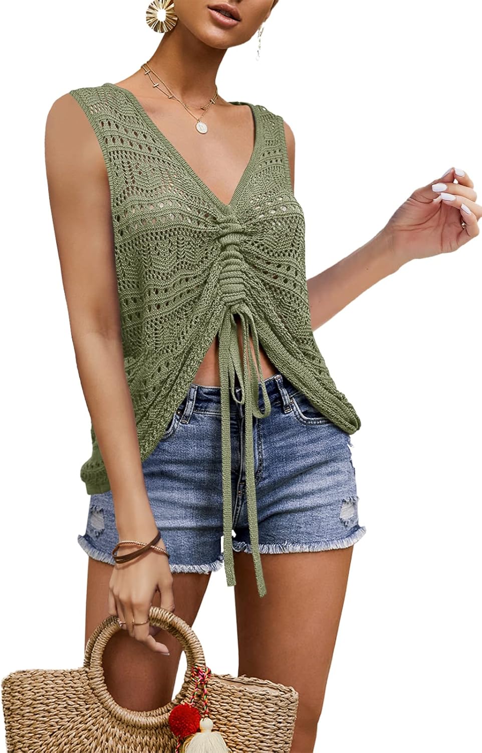 FERBIA Women Crochet Top Beach Cloth Drawstring Shirt Cover Up Oversized Sexy Beachwear Lace Up Tee Poncho