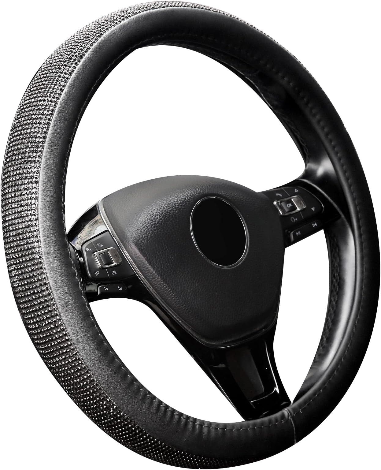 ChuLian New Diamond Leather Steering Wheel Cover with Bling Bling Crystal Rhinestones, Universal Fit 15 Inch Car Wheel Protector for Women Girls,Black Diamond