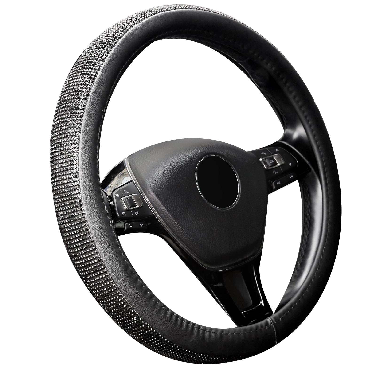 New Diamond Leather Steering Wheel Cover with Bling Bling Crystal Rhinestones, Universal Fit 15 Inch Car Wheel Protector for Women Girls Black Diamond